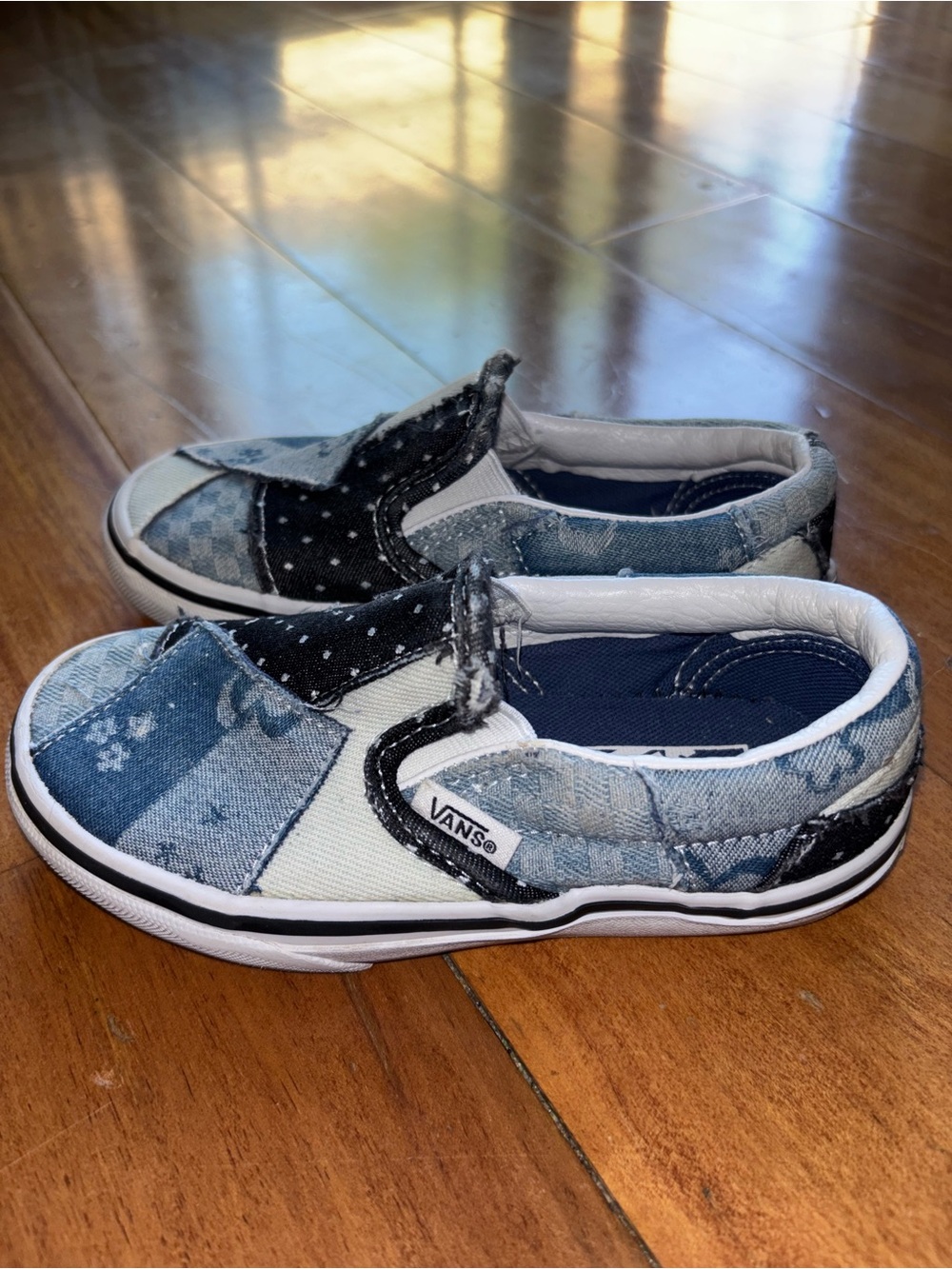 Vans Kids Patchwork Denim & Black Slip-On Sneakers size 11c